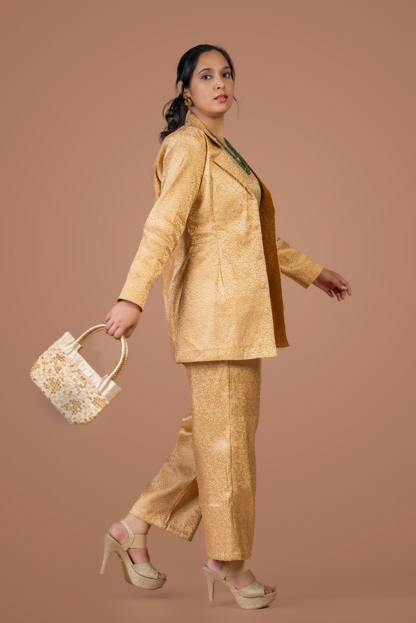 Golden Brocade Pant Suit Co-ord Set