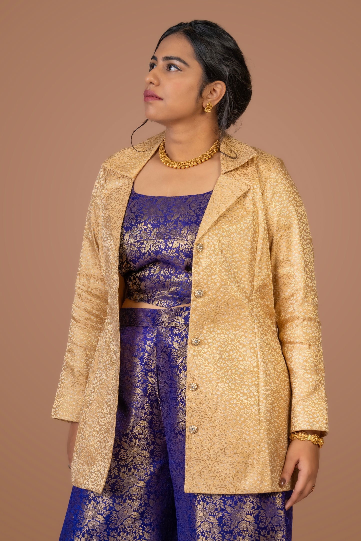 Purple Brocade Pant Suit Co-ord Set with Golden Brocade Jacket